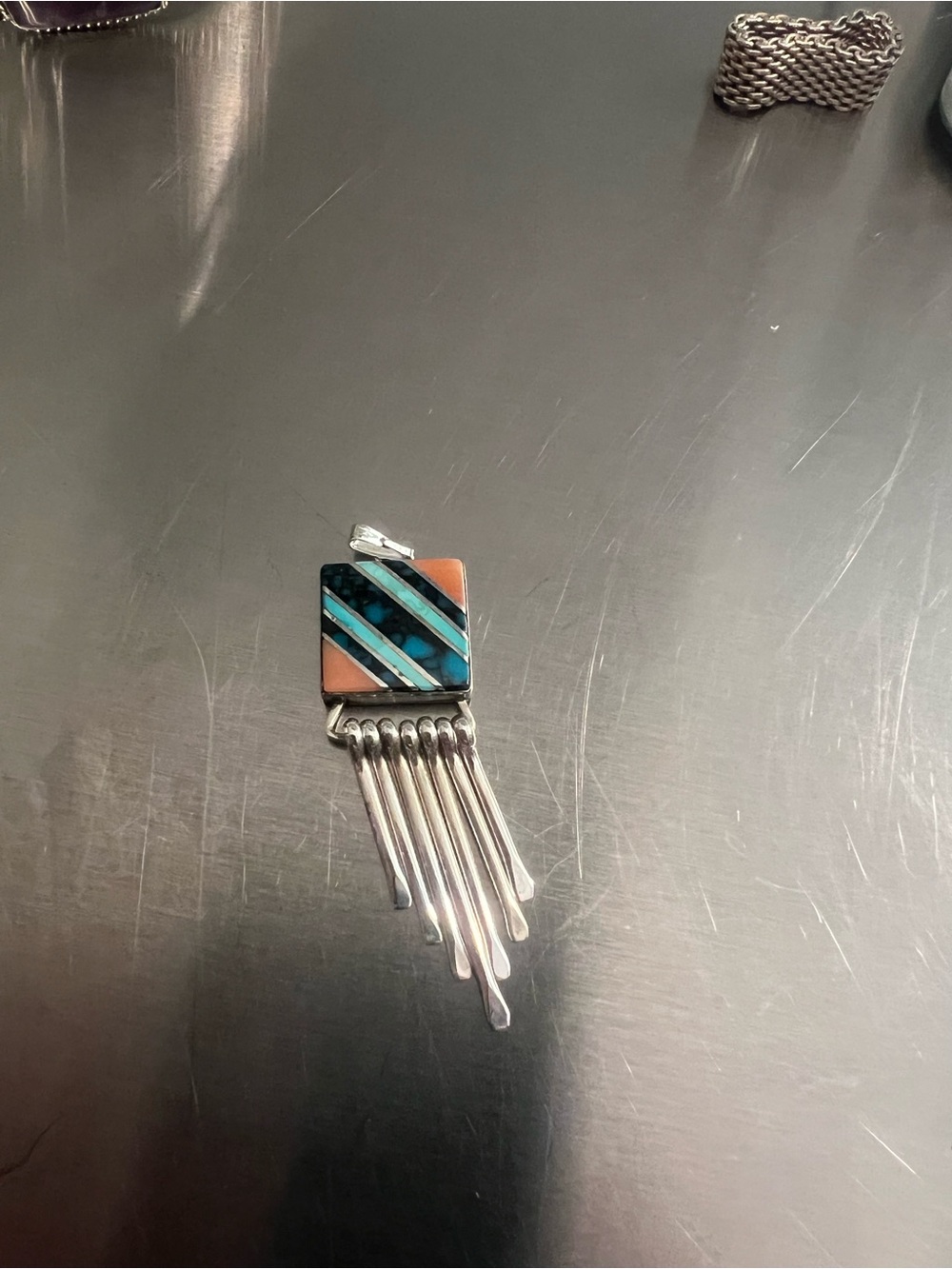 Sterling Silver Turquoise and Coral Inlaid Pendant with Sterling Fringes
